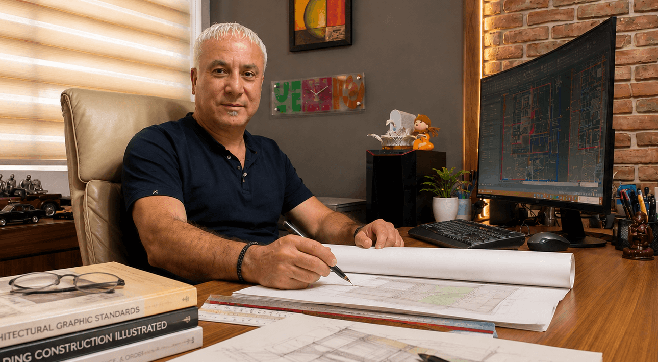 Basim Kayal at his drawing table